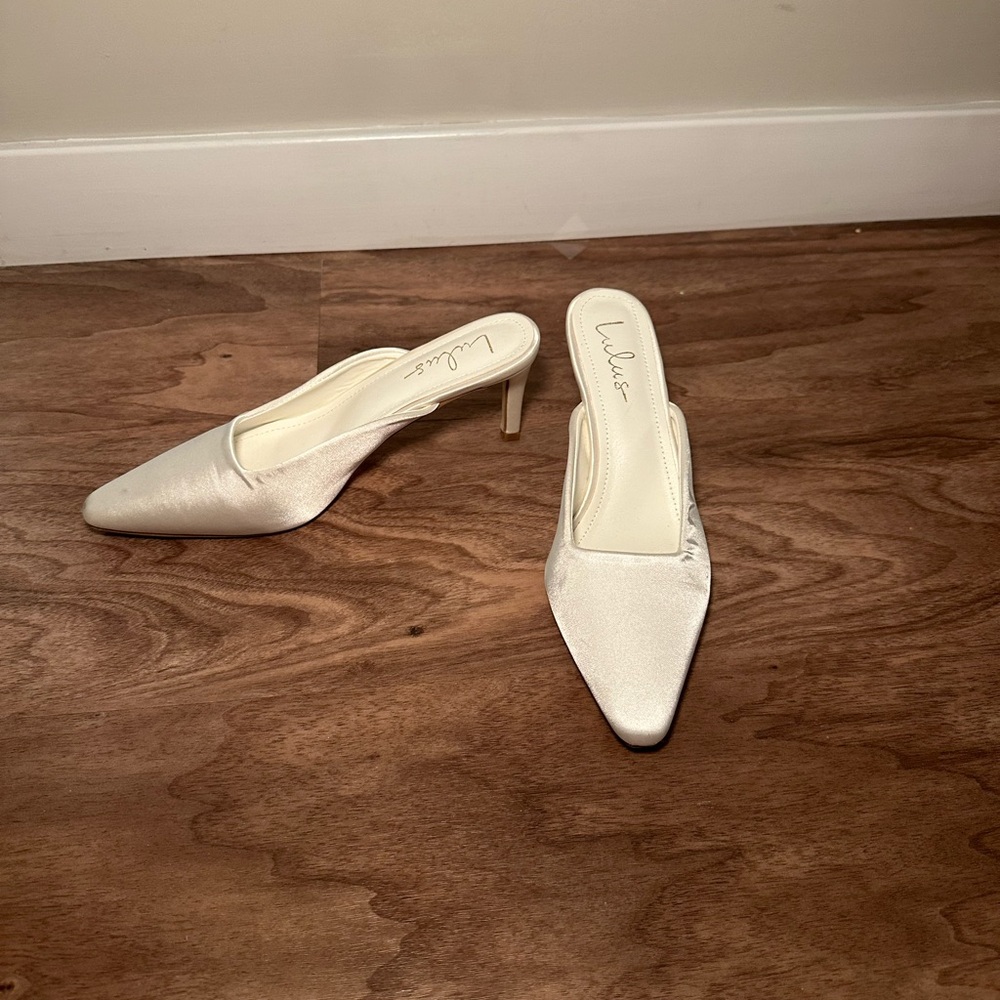 Lulu's White Satin Pointed-Toe Mules